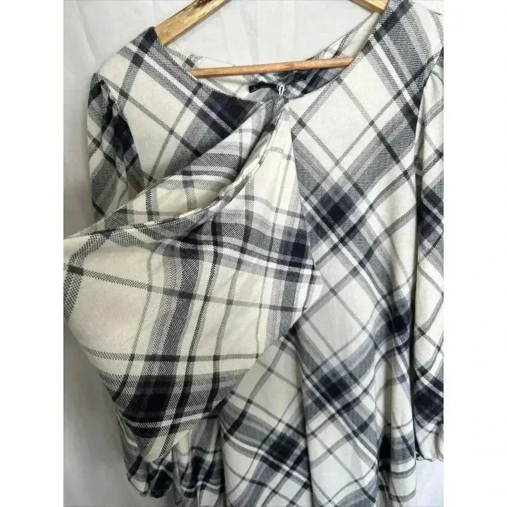 Chetta B Plaid Flannel Trapeze Dress Black & Cream Removable Cowl Size Med - Picture 5 of 16